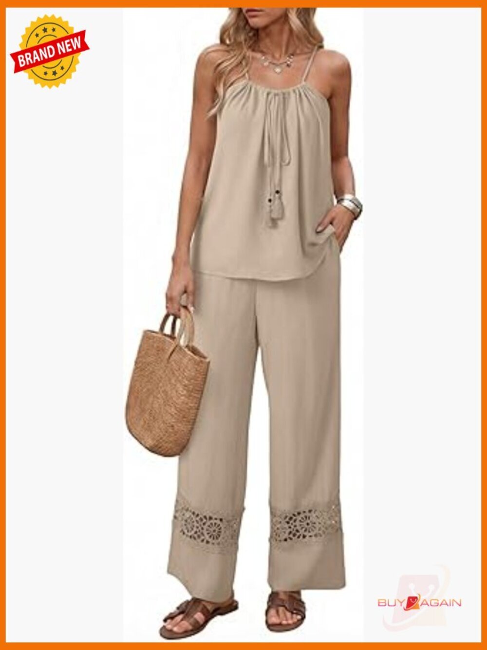 2 Piece Sets for Women Summer Spaghetti Strap Tie Knot Top Lace Wide Leg Pants - Picture 1 of 7